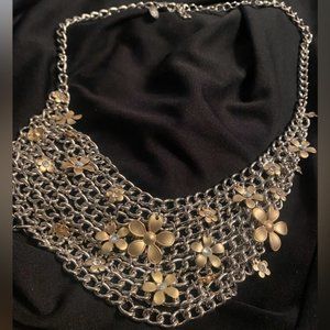Chain Statement Necklace with Rhinestone Flowers in Gold Tone